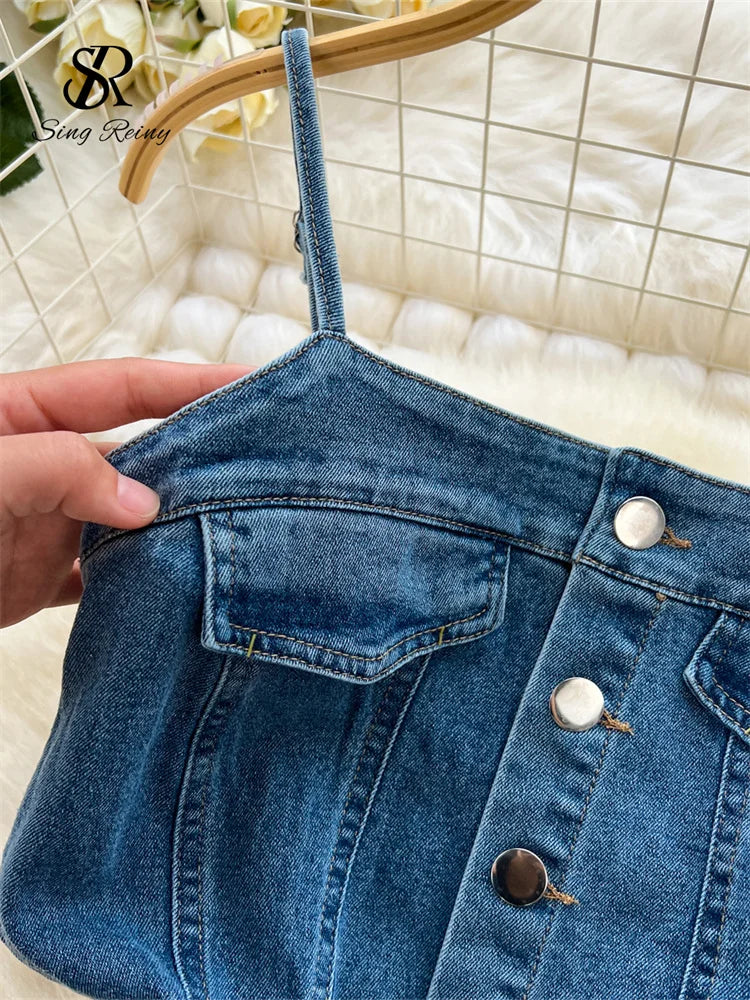 SINGREINY Chic Denim Dress High Quality Sleeveless Buttons Pockets Raw Split Design Women Summer Vintage Strap Dress