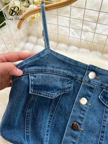 SINGREINY Chic Denim Dress High Quality Sleeveless Buttons Pockets Raw Split Design Women Summer Vintage Strap Dress