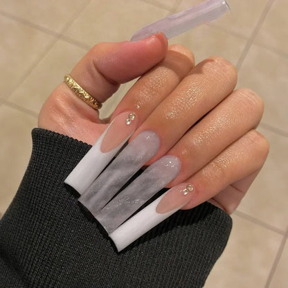 24Pcs Long Ballerina False Nails Press on Nails Serpentine Flower with Rhinestones French Fake Nails Wearable White Nail Tips
