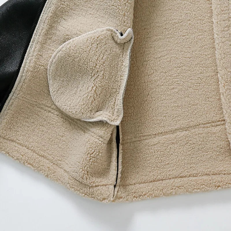 New Winter Boys and Girls' Cool Handsome Standing Neck Motorcycle Jacket with Thickened PU Leather Lamb Fleece Coat for Children