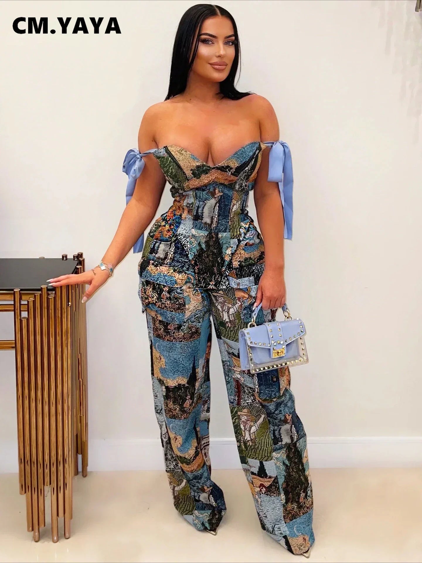 Oil Painting Printed Women's Set Lace Up Back Crop Top and Pants Suit