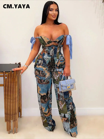 Oil Painting Printed Women's Set Lace Up Back Crop Top and Pants Suit