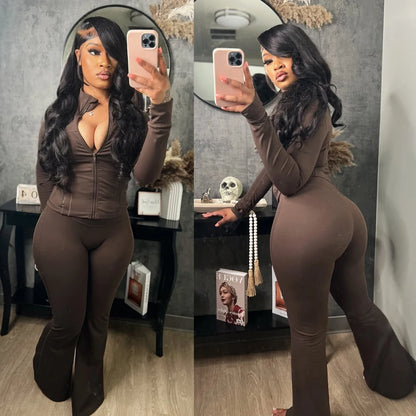 Women Clothes Two Piece Flared Pants Tracksuits Set