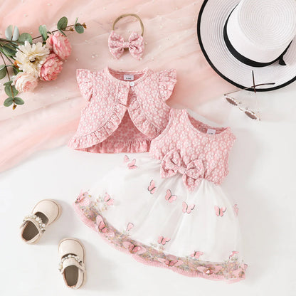 Baby Dresses Birthday Party Costume Pink Jacquard Cardigan Coat and Lace Butterfly Dress For Girls Newborns Infants Clothes