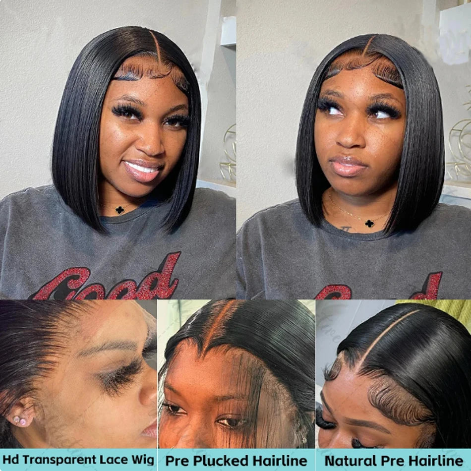 14Inch Wear And Go Glueless Wigs Short Straight Human Hair Bob Straight PreCut Lace Frontal Wigs Upgraded No Glue Wigs For Women