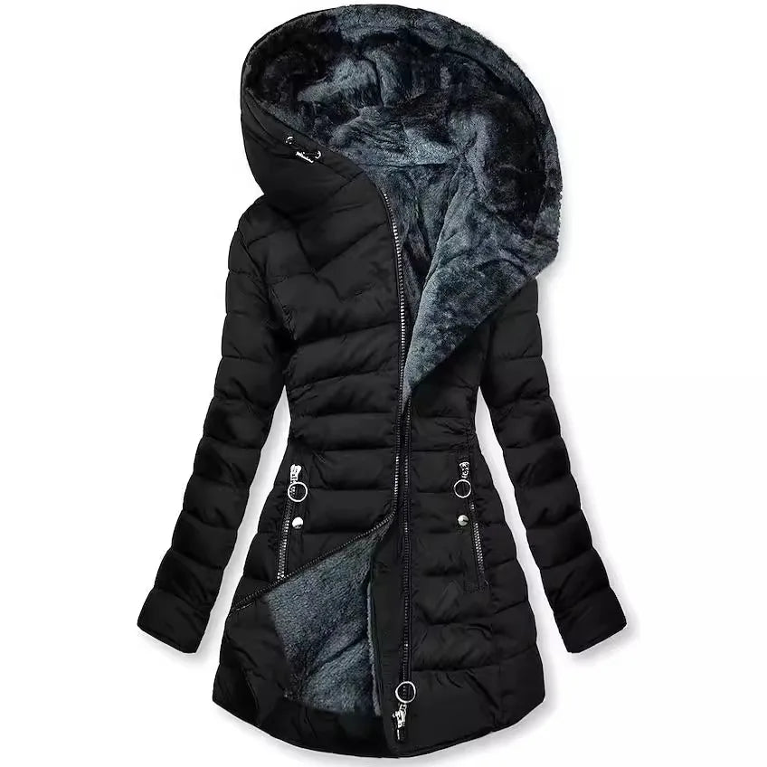 Women Parkas Hooded Solid Zipper Splice Midi Coats Long Sleeve Pockets Slim Fit Thick coats