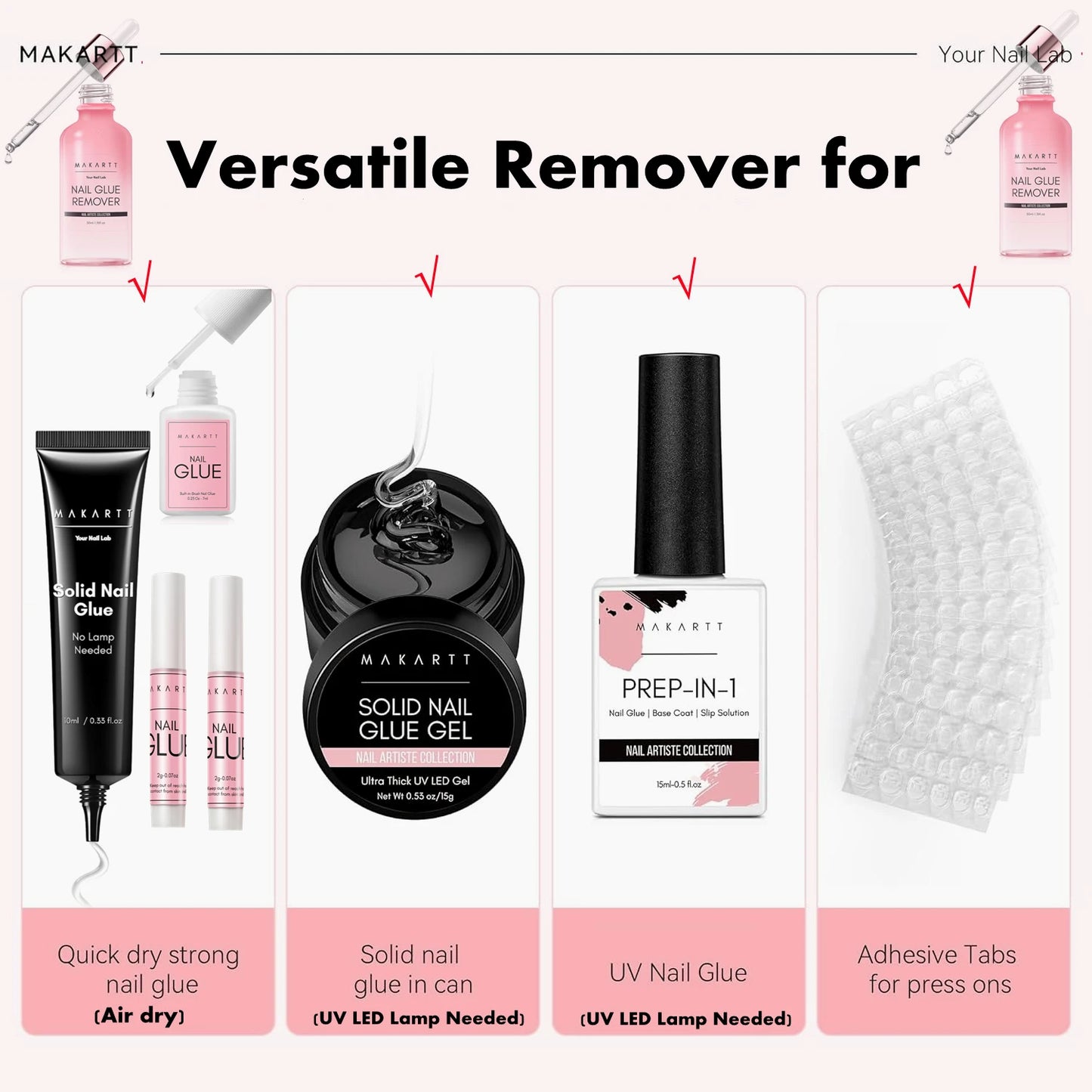 Makartt Solid Nail Glue for Press on Nails, Nail Glue Remover for UV Nail Glue