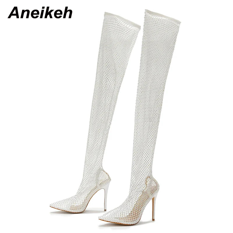Aneikeh Sexy Bling Rhinestone Mesh Shoes Over The Knee Boots Women Pointed Toe Sandals Nightclub High Heels Botas Femininas