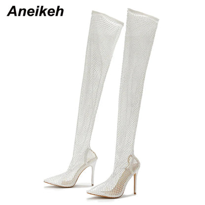 Aneikeh Sexy Bling Rhinestone Mesh Shoes Over The Knee Boots Women Pointed Toe Sandals Nightclub High Heels Botas Femininas