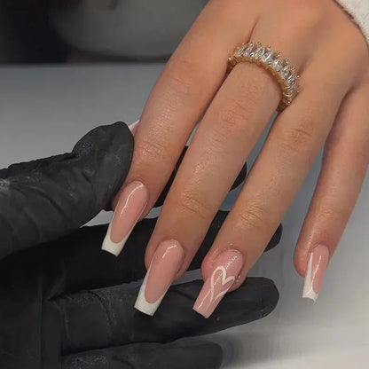 24Pcs Simple Blue French Fake Nails with Diamond Love Pattern Design False Nails Press on Mid-length Ballet Full Cover Nail Tips