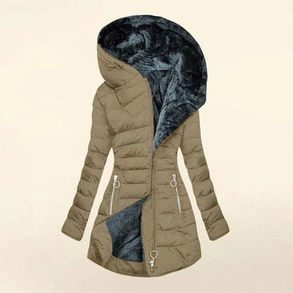 Women Parkas Hooded Solid Zipper Splice Midi Coats Long Sleeve Pockets Slim Fit Thick coats