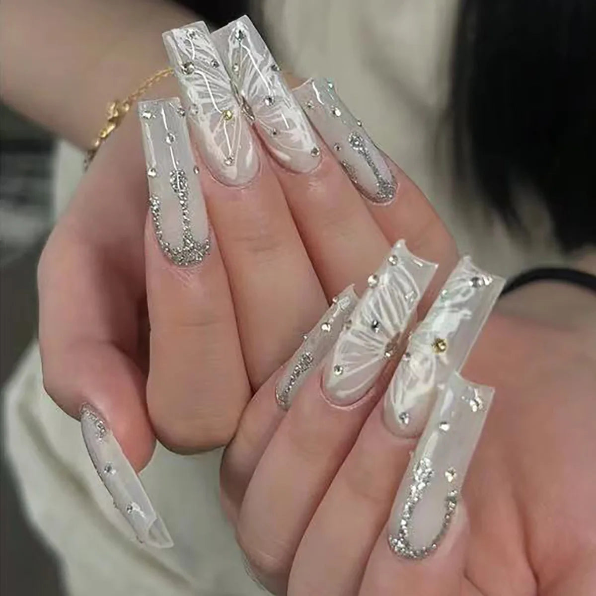 24Pcs Leopard Print Design False Nails with Bow Rhinestone Long Square Press on Nails Wearable French Ballet Fake Nail Tips