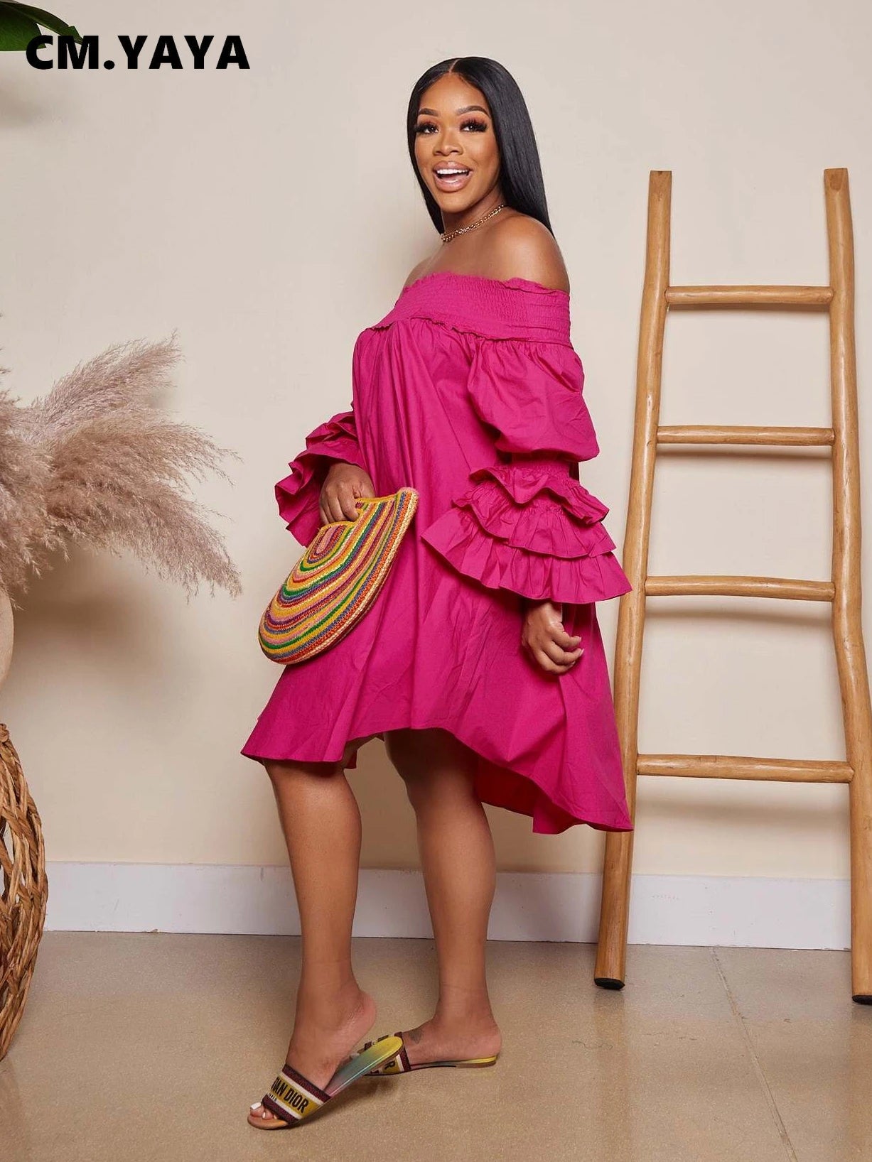 Chic Women Cascading Ruffles Petal Off Shoulder Long Sleeve Smock Dress Big Swing Loose Blouse