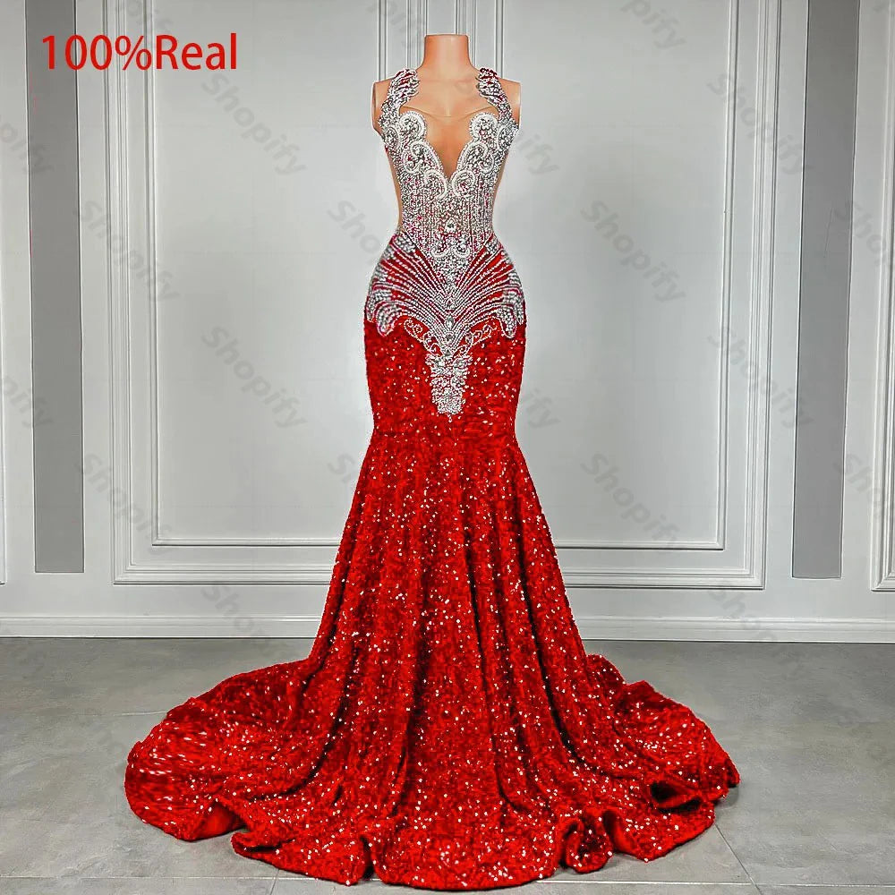 Sparkly Red Sequin Mermaid Luxury Silver Crystal Beaded Sheer Neck Long Prom Gowns