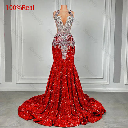 Sparkly Red Sequin Mermaid Luxury Silver Crystal Beaded Sheer Neck Long Prom Gowns