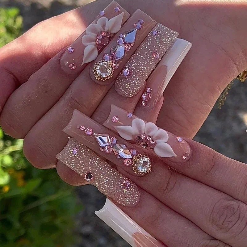 24Pcs False Nails Long Coffin Ballet French with Rhinestones Wearable Fake Nails Blue Flower Full Cover Press on Nails Tips Art