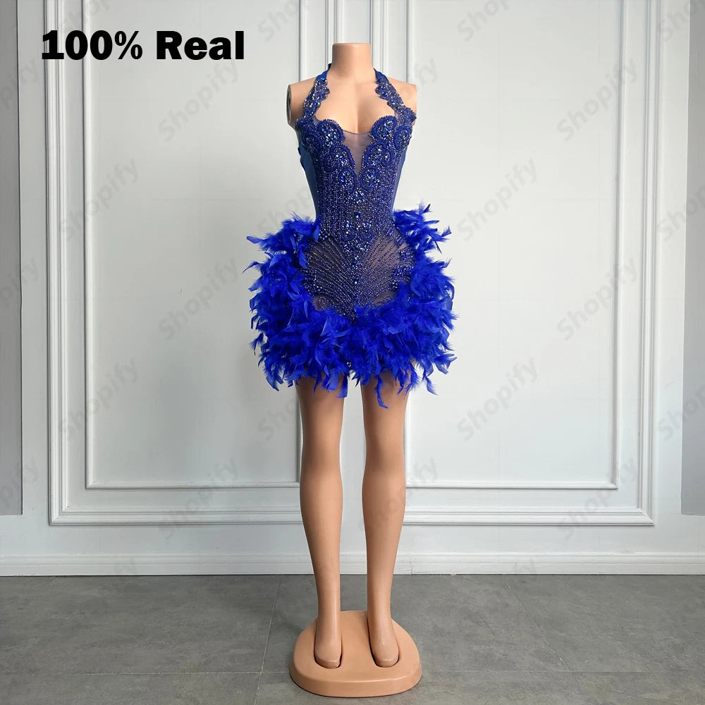 Luxury Rhinestone Black Girls Short Prom Dresses See Through Red Diamond Feathers Dress