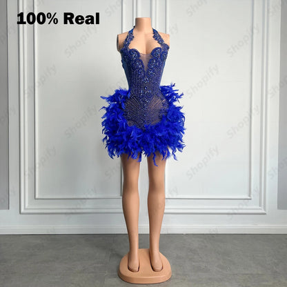 Luxury Rhinestone Black Girls Short Prom Dresses See Through Red Diamond Feathers Dress