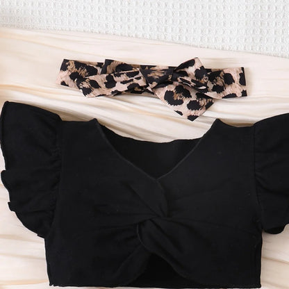 0-2 Year Old Baby Girl Summer Fashion Ruffled Short Sleeved Leopard Print Shorts Headwear Set