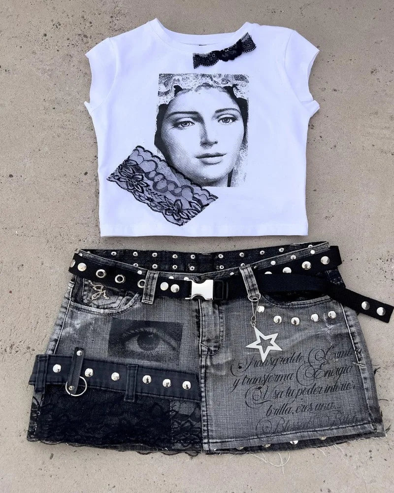 New Fashion Geometric Letter Printing Patch Nail Slim Skirt Harajuku Popular Sexy Spice Girl Dress Ultra-short A-line Skirt