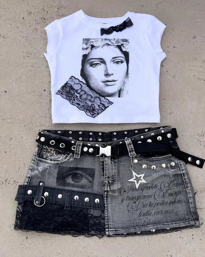 New Fashion Geometric Letter Printing Patch Nail Slim Skirt Harajuku Popular Sexy Spice Girl Dress Ultra-short A-line Skirt