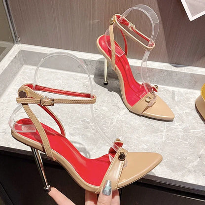 Aneikeh Fashion Pointed Toe High Heels Designer Sandals Thin Heel Metal T-Head Rivet Stripe Narrow Band Ankle Strap Sandalia