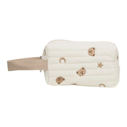 Embroidery Bear Makeup Bag Quilt Cotton Women Zipper Cosmetic Organizer Cute Wrist Make Up Pouch Portable Toiletry Case
