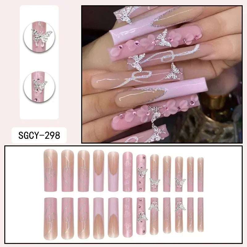 24Pcs Artifical False Nails with Glue Fake Nail Tips with Heart Designs Detachable Press on Nails XLong Finished False Nails tip