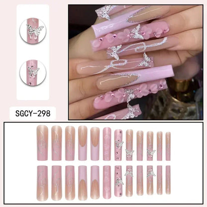 24Pcs Artifical False Nails with Glue Fake Nail Tips with Heart Designs Detachable Press on Nails XLong Finished False Nails tip