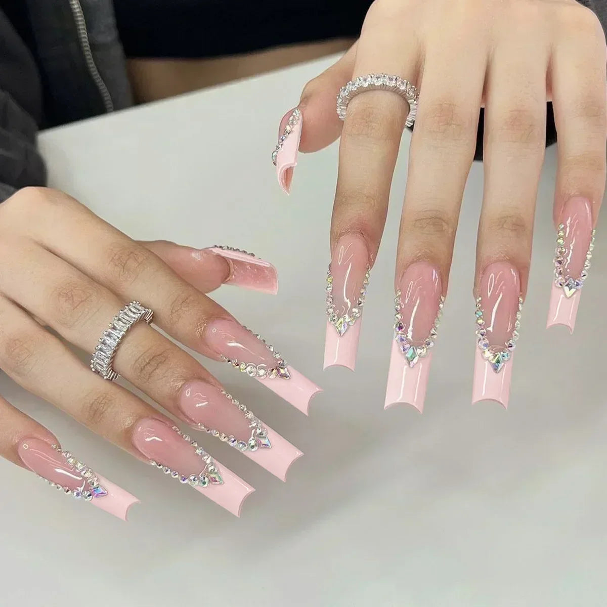 24Pcs Long Ballerina False Nails Press on Nails Serpentine Flower with Rhinestones French Fake Nails Wearable White Nail Tips