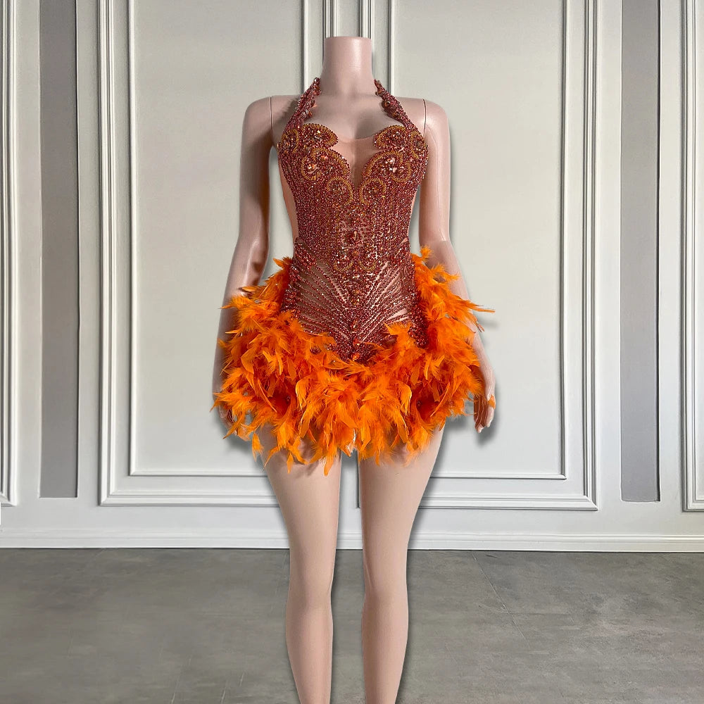 Luxury Rhinestone Black Girls Short Prom Dresses See Through Red Diamond Feathers Dress