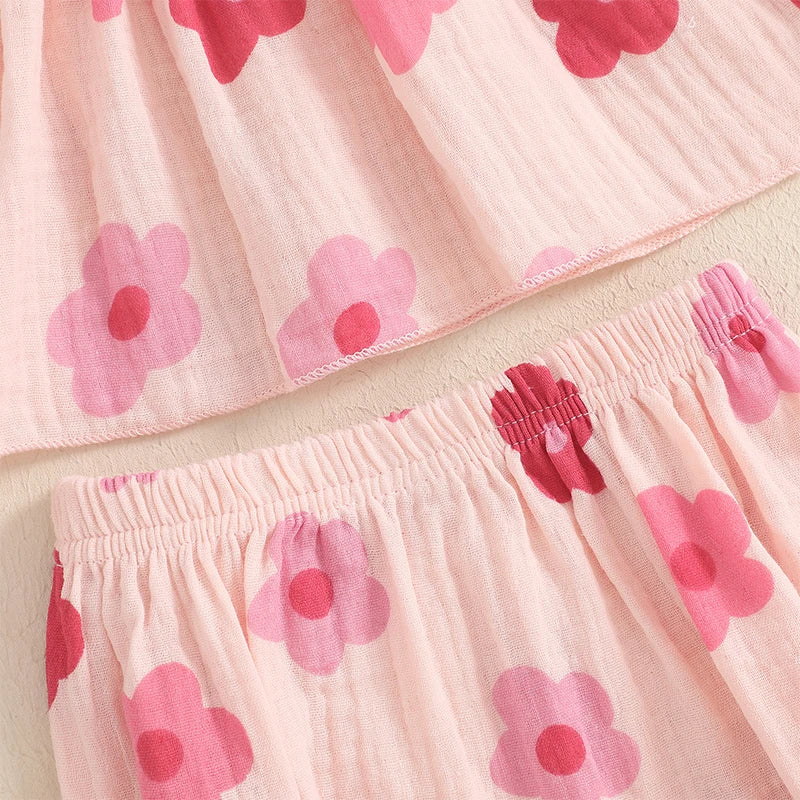 Summer Newborn Baby Girls Clothes Sets Floral Print Sleeveless Ruched Ruffles Tanks Tops+Shorts Bottoms Holiady Beach Outfits