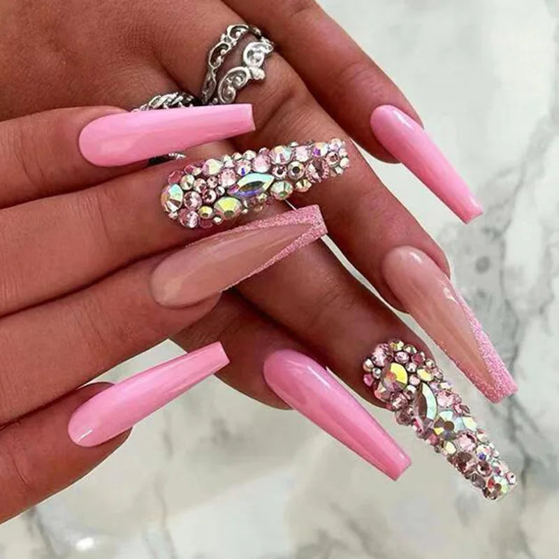 24pcs Artifical Fake Nails Long Coffin French Ballerina Wearable False Nail Tips Finished Rhinstones Flower Design Press on Nail