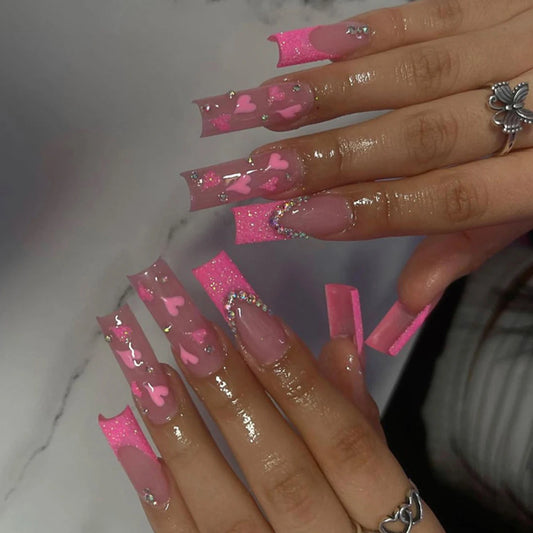 24Pcs/Long Ballet French Heart Glitter Stone Decoration Nail Press on Nail