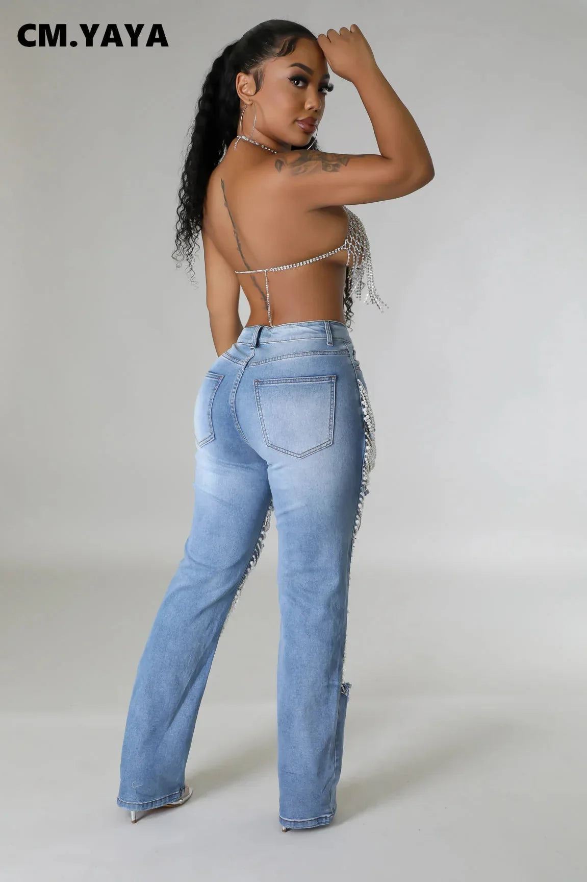 Pearl Beading Ripped Hollow Out Tassel Wide Leg Jeans 2025