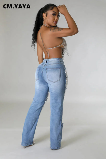Pearl Beading Ripped Hollow Out Tassel Wide Leg Jeans 2025