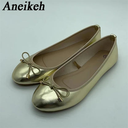 Aneikeh Gold Silver Fashion Flats Luxury Women Ballerinas Round Toe Bowtie Slip on Comfort Loafers Ladies Casual Mules Shoes