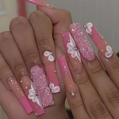 24Pcs Artifical False Nails with Glue Fake Nail Tips with Heart Designs Detachable Press on Nails XLong Finished False Nails tip