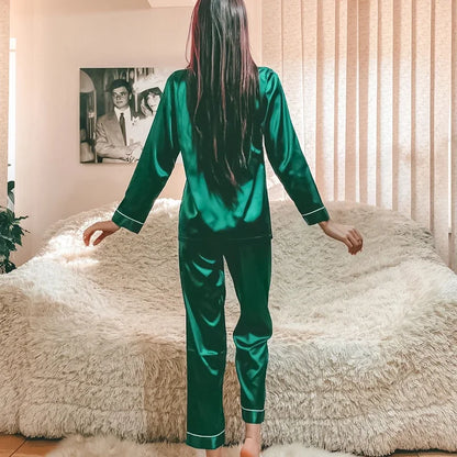 M-XXL On Sale Silk Satin Pajamas Suit Women Full Sleeve Lounge Homewear Clothes Loose Home Pyjamas Nightwear Clearance Sale