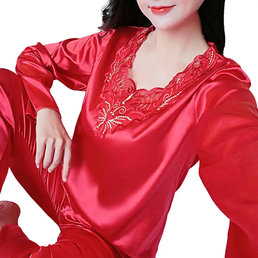 2 Pcs/Set Women Pajamas Set Silky Long Sleeves Spring Nightie Set V Neck Loose Sleeping Lace Women Nightie Set For Bedroom
