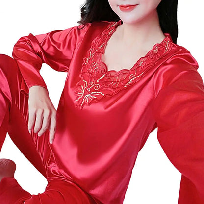 2 Pcs/Set Women Pajamas Set Silky Long Sleeves Spring Nightie Set V Neck Loose Sleeping Lace Women Nightie Set For Bedroom