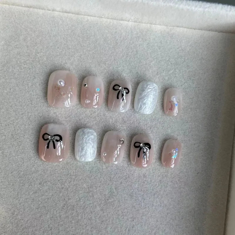 10Pcs Pink Handmade Press on Nails Short Blush Artificial False Nail Tips