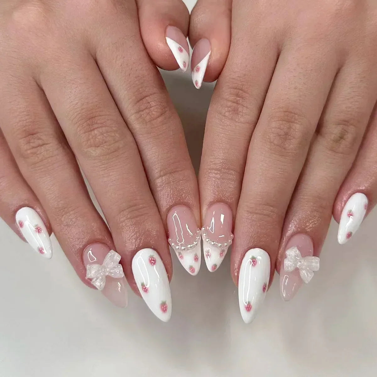 24Pcs Pink Almond French Press on Nails With 3D Bow ripple charms Design Fake Nails Ballerina False Nails Full Cover Nail Tips
