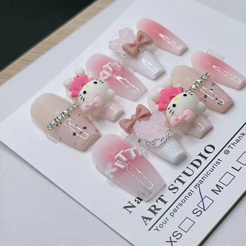 10Pcs Handmade Press on Nails Pink Hellokitty Charm Love Bow Decorated