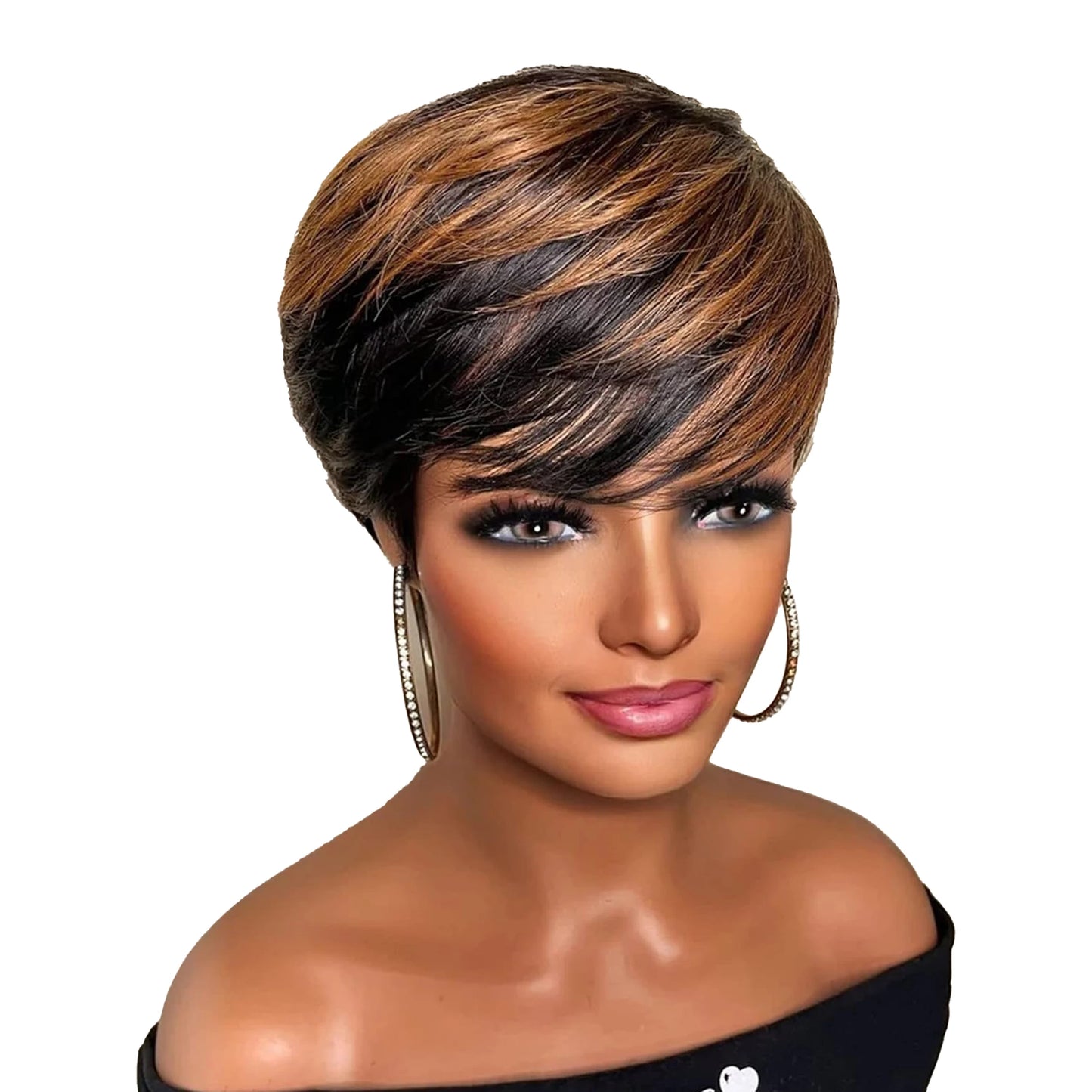 Ombre Color Short Layered Pixie Cut Human Hair Wigs With Bangs,Full Machine Made For Black Women Honey Blonde Wig 1B/27