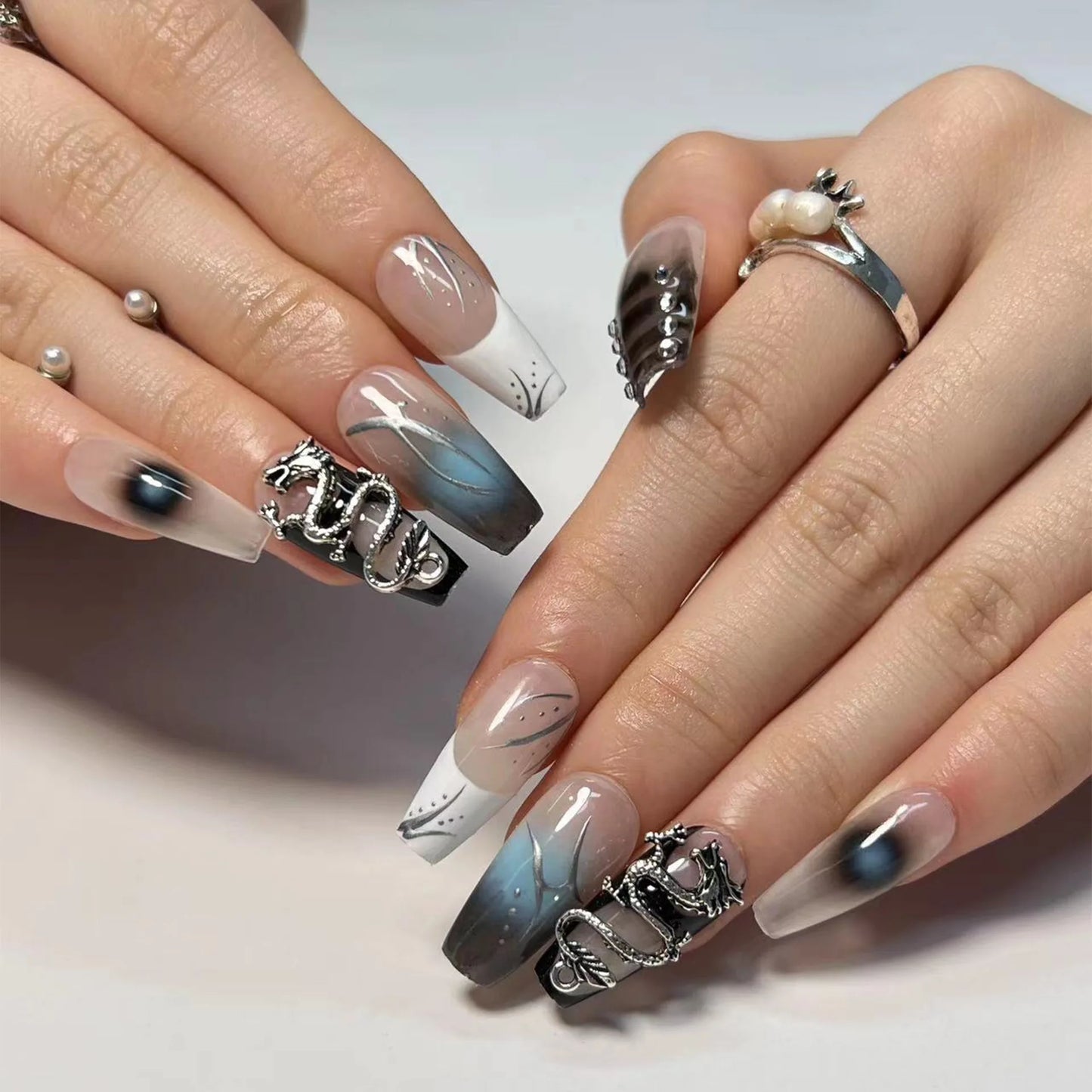 24Pcs White French False Nails Long Ballet Fake Nail with Pearl Bow Flower Design Press on Nails Pink Wearable Square Nails Set