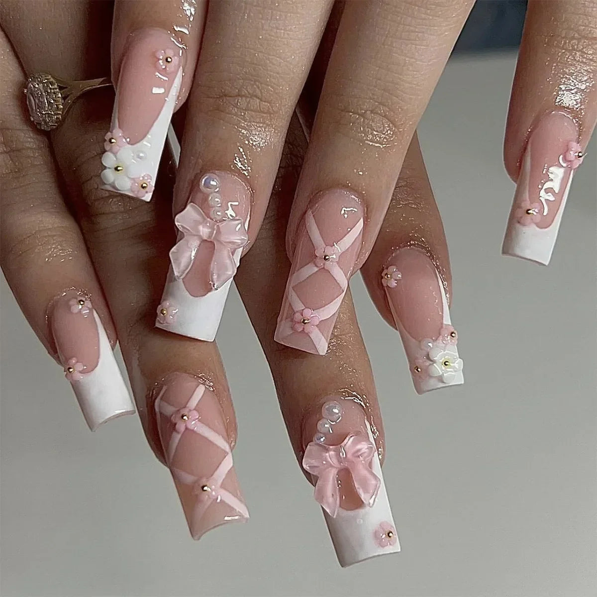 24Pcs White French False Nails Long Ballet Fake Nail with Pearl Bow Flower Design Press on Nails Pink Wearable Square Nails Set