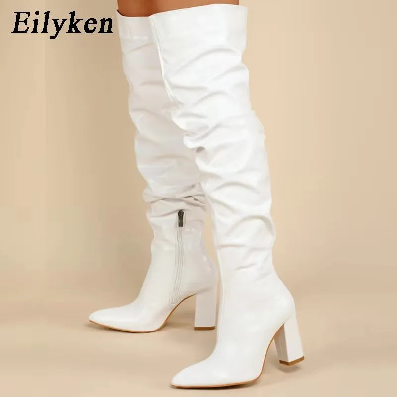 Winter Women Over-the-Knee Boots Punk Style Square High Heel Zipper Shoes