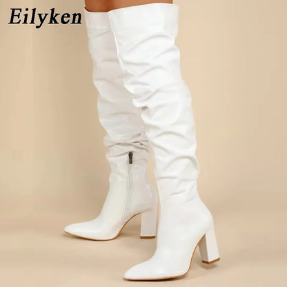 Winter Women Over-the-Knee Boots Punk Style Square High Heel Zipper Shoes