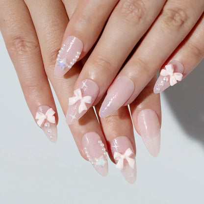 24Pcs Pink Almond French Press on Nails With 3D Bow ripple charms Design Fake Nails Ballerina False Nails Full Cover Nail Tips